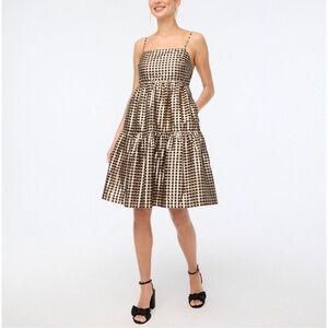 J. Crew Lurex Black & Gold metallic‎ threads gingham tiered mini dress size 12